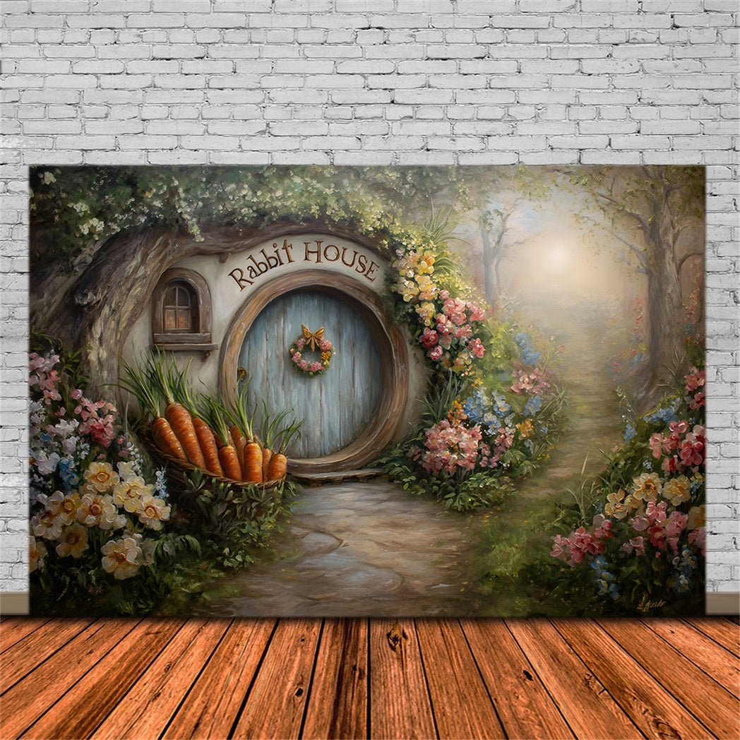 Oster-Hasenbau-Hintergrund Hobbit-Tür Karottenblüten Oster-Fotografie-Hintergrund von Magali