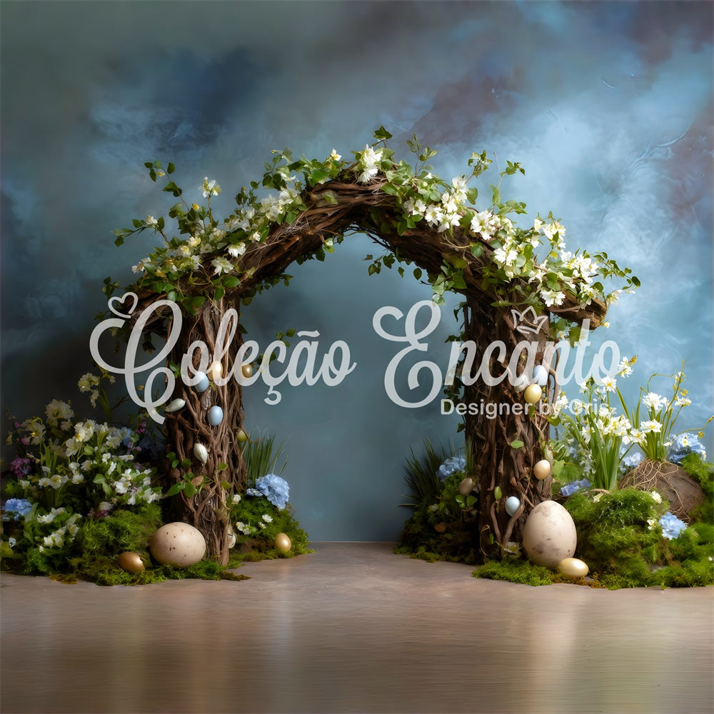 Oster-Frühlings-Hintergrund Zweigbogen Moos-Eier Oster-Bildhintergrund-Ideen von Magali