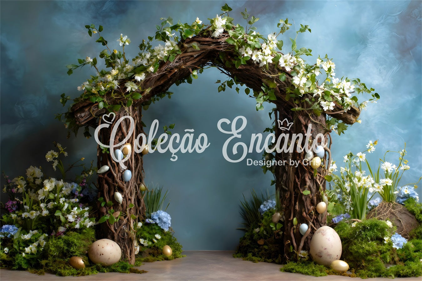 Oster-Frühlings-Hintergrund Zweigbogen Moos-Eier Oster-Bildhintergrund-Ideen von Magali