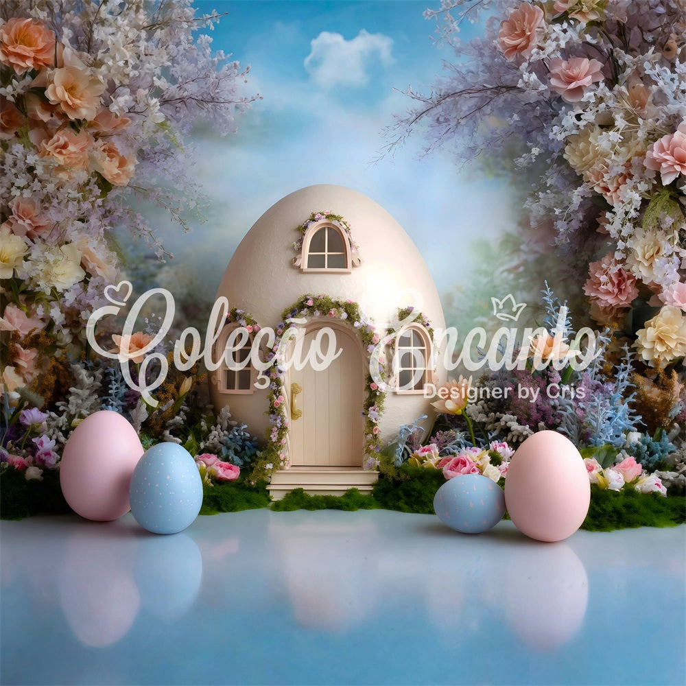 Eier-Hintergrund Eierhaus Pastellblüten Oster-Fotografie-Hintergründe zu verkaufen von Magali