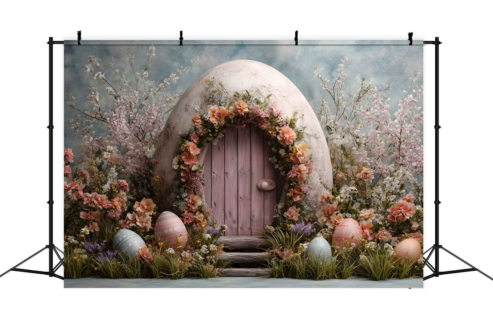 Hasenbau-Hintergrund Rosa Tür Eierblüten Foto-Hintergrund Ostern von Magali