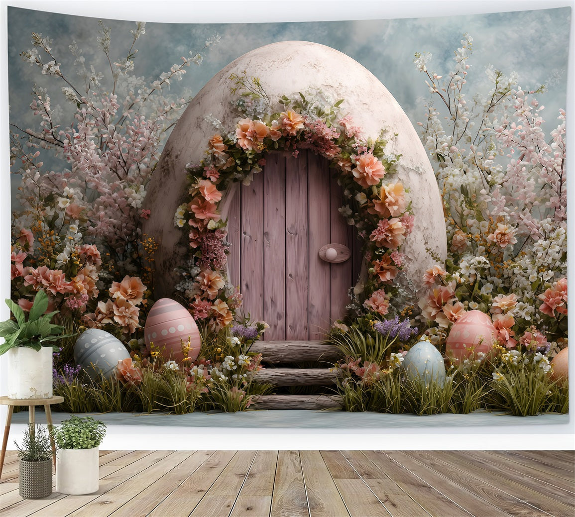 Hasenbau-Hintergrund Rosa Tür Eierblüten Foto-Hintergrund Ostern von Magali