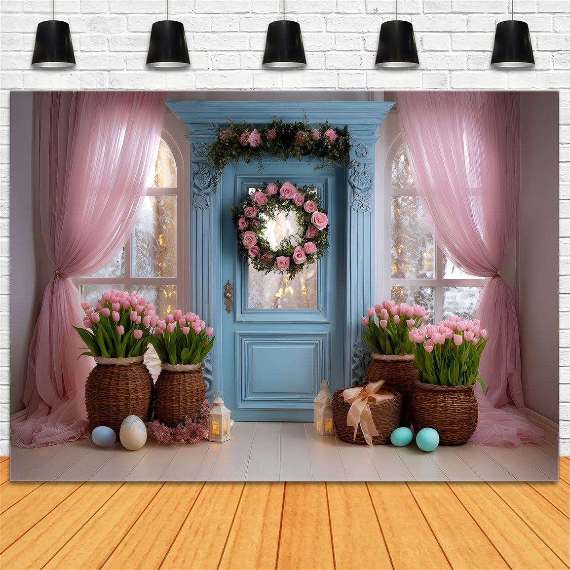 Oster-Tulpen-Hintergrund Blaue Tür Rosa Vorhang Oster-Hintergrund für Fotografie von Magali