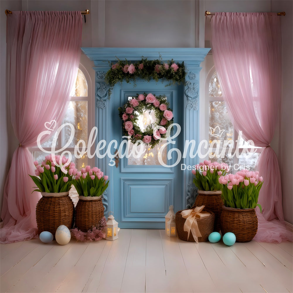 Oster-Tulpen-Hintergrund Blaue Tür Rosa Vorhang Oster-Hintergrund für Fotografie von Magali
