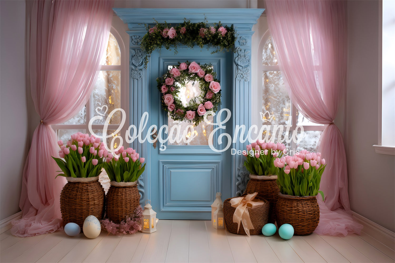Oster-Tulpen-Hintergrund Blaue Tür Rosa Vorhang Oster-Hintergrund für Fotografie von Magali