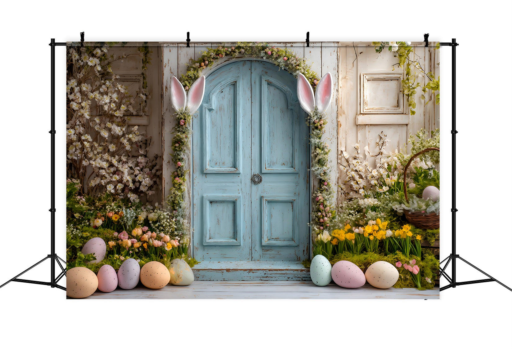 Oster-Narzsen-Hintergrund Hasenohren Blaue Tür Hintergründe für Osterbilder Von Magali