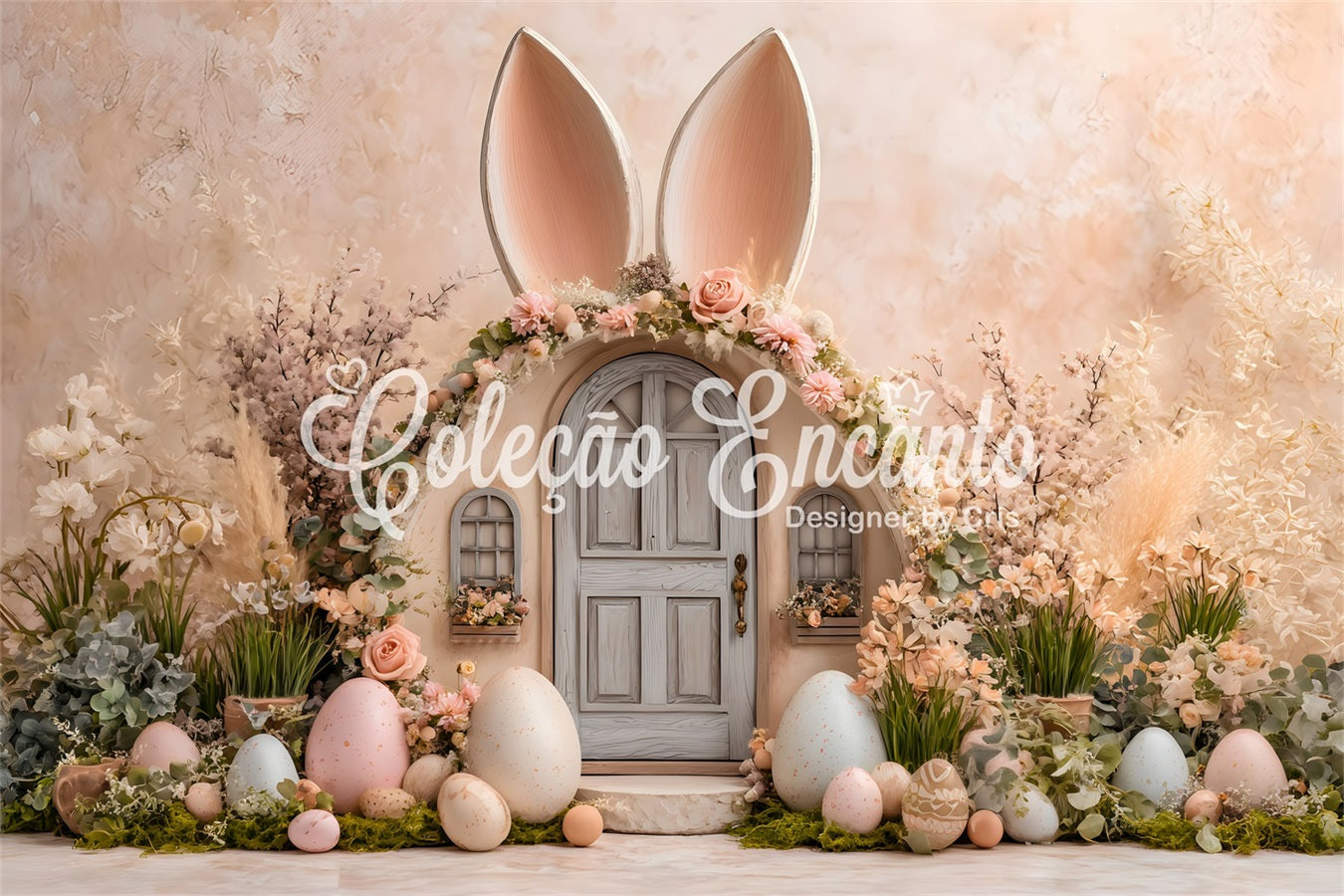 Oster-Hintergrund mit niedlichen Ohren Tür Pastellfarbene Eier Hintergrund für Osterbilder Von Magali