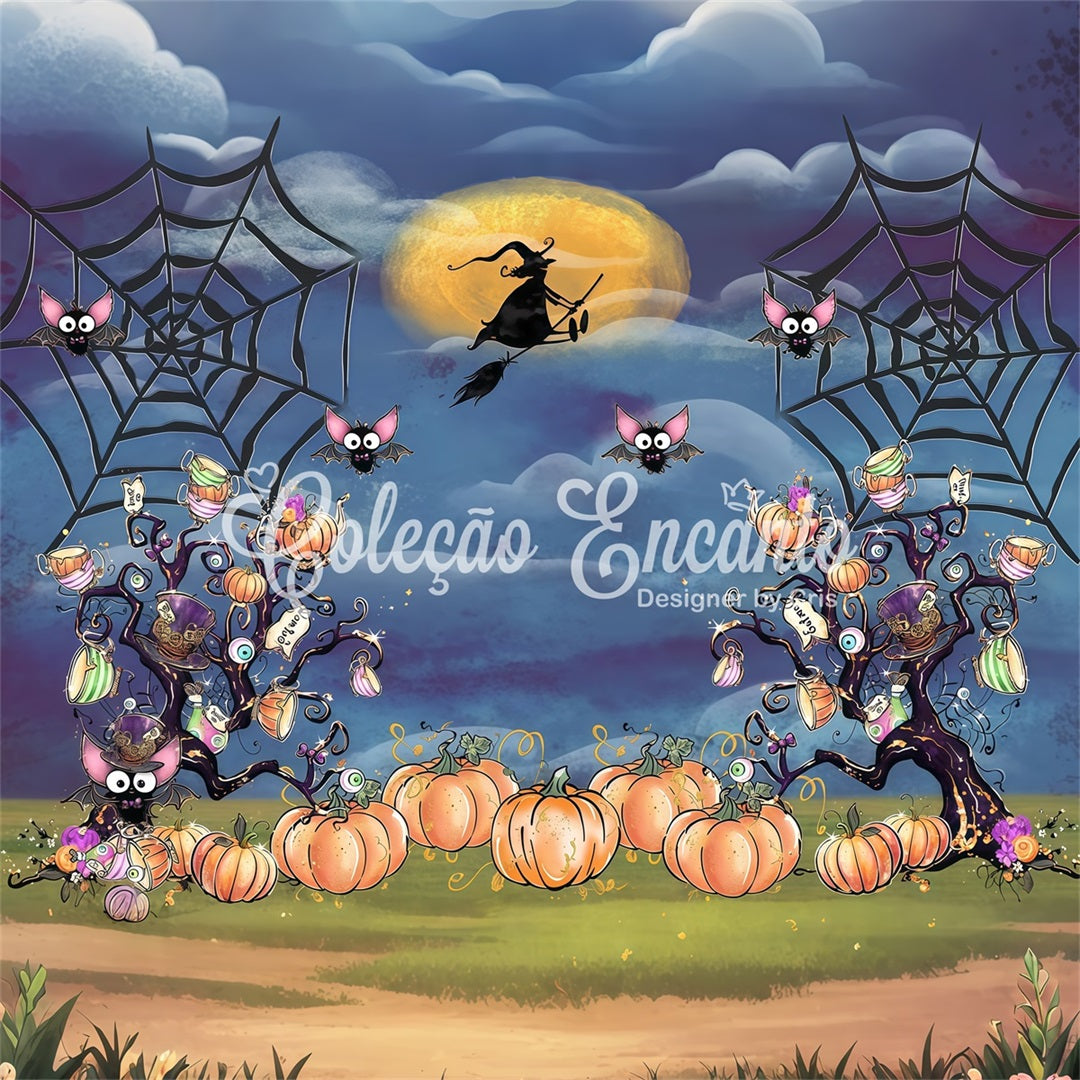 Kinder-Hintergrund Gruseliger Kürbisbaum Spinnennetz Nacht Kinder Halloween-Hintergrund Von Magali