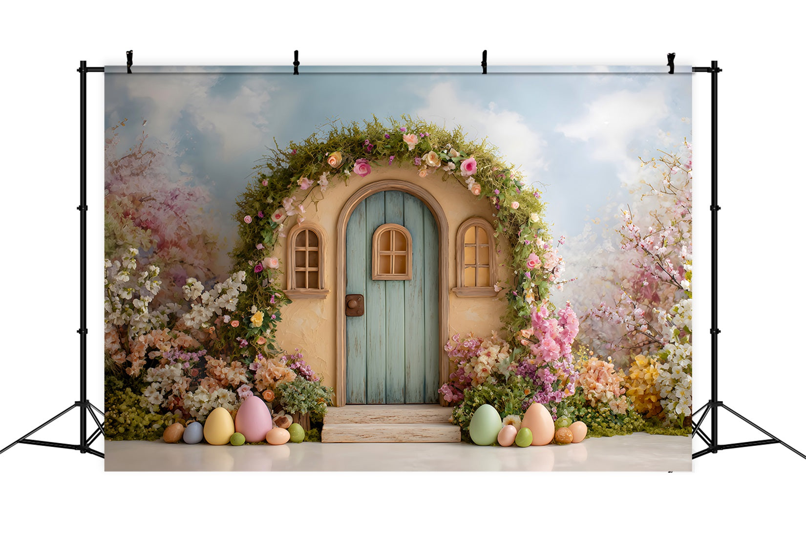 Oster-Kranz-Tür-Hintergrund Blumenbogen Kleine Tür Oster-Hintergrund für draußen Von Magali