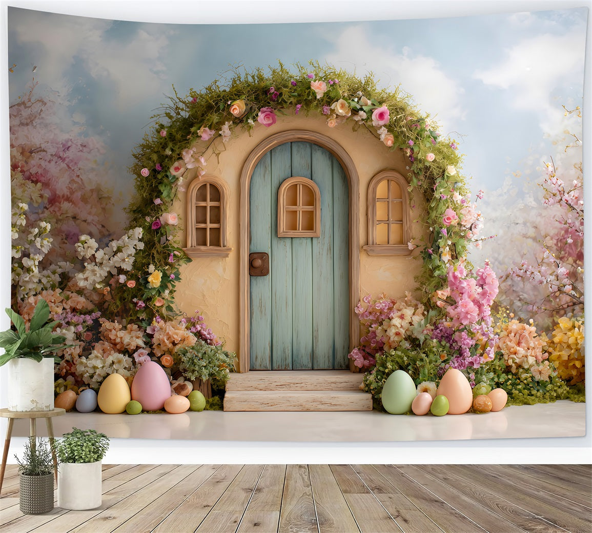 Oster-Kranz-Tür-Hintergrund Blumenbogen Kleine Tür Oster-Hintergrund für draußen Von Magali