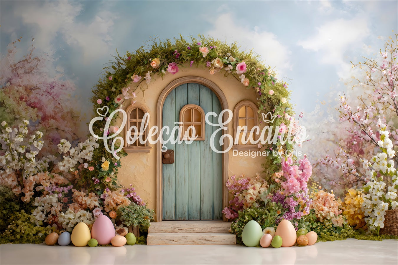 Oster-Kranz-Tür-Hintergrund Blumenbogen Kleine Tür Oster-Hintergrund für draußen Von Magali