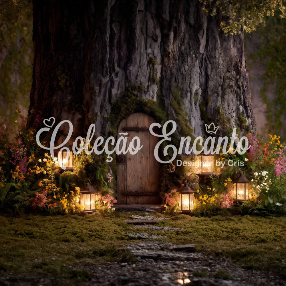 Osterhase-Höhle-Hintergrund Baum Tür Laterne Blüten Osterhintergründe für Fotos von Magali