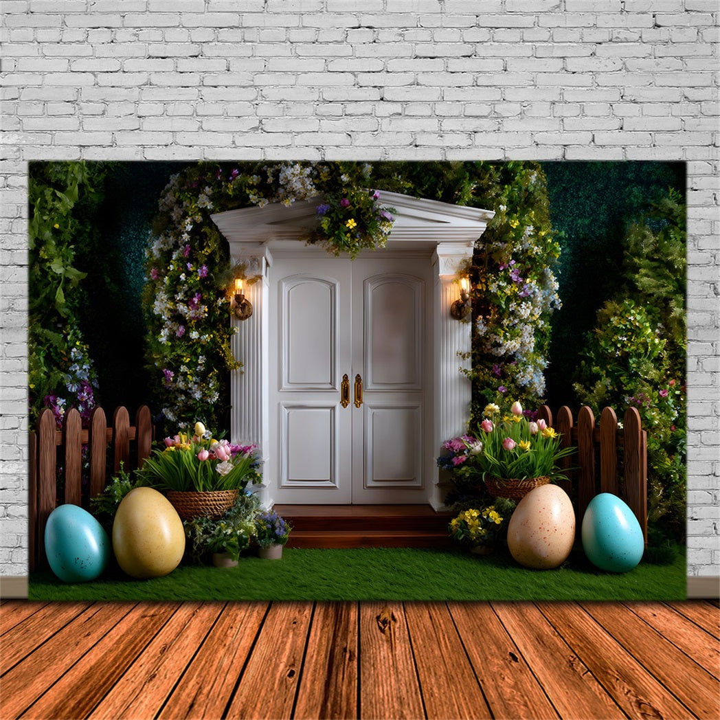 Osterhintergrund im europäischen Garten Weiße Tür Eier Tulpen Fotografie Osterhintergrund von Magali