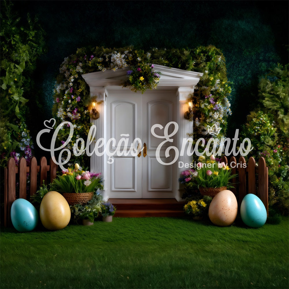 Osterhintergrund im europäischen Garten Weiße Tür Eier Tulpen Fotografie Osterhintergrund von Magali