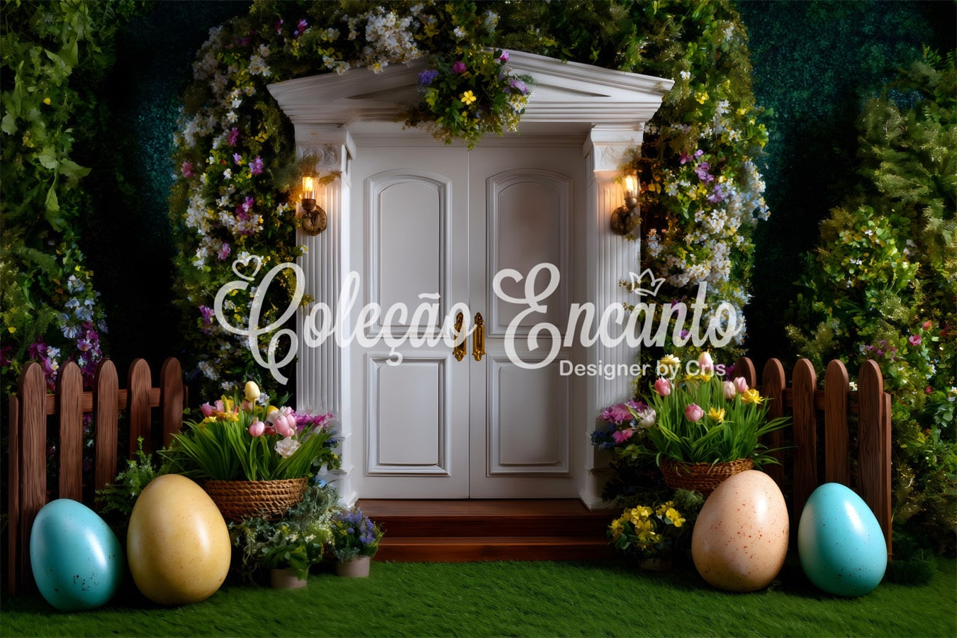Osterhintergrund im europäischen Garten Weiße Tür Eier Tulpen Fotografie Osterhintergrund von Magali