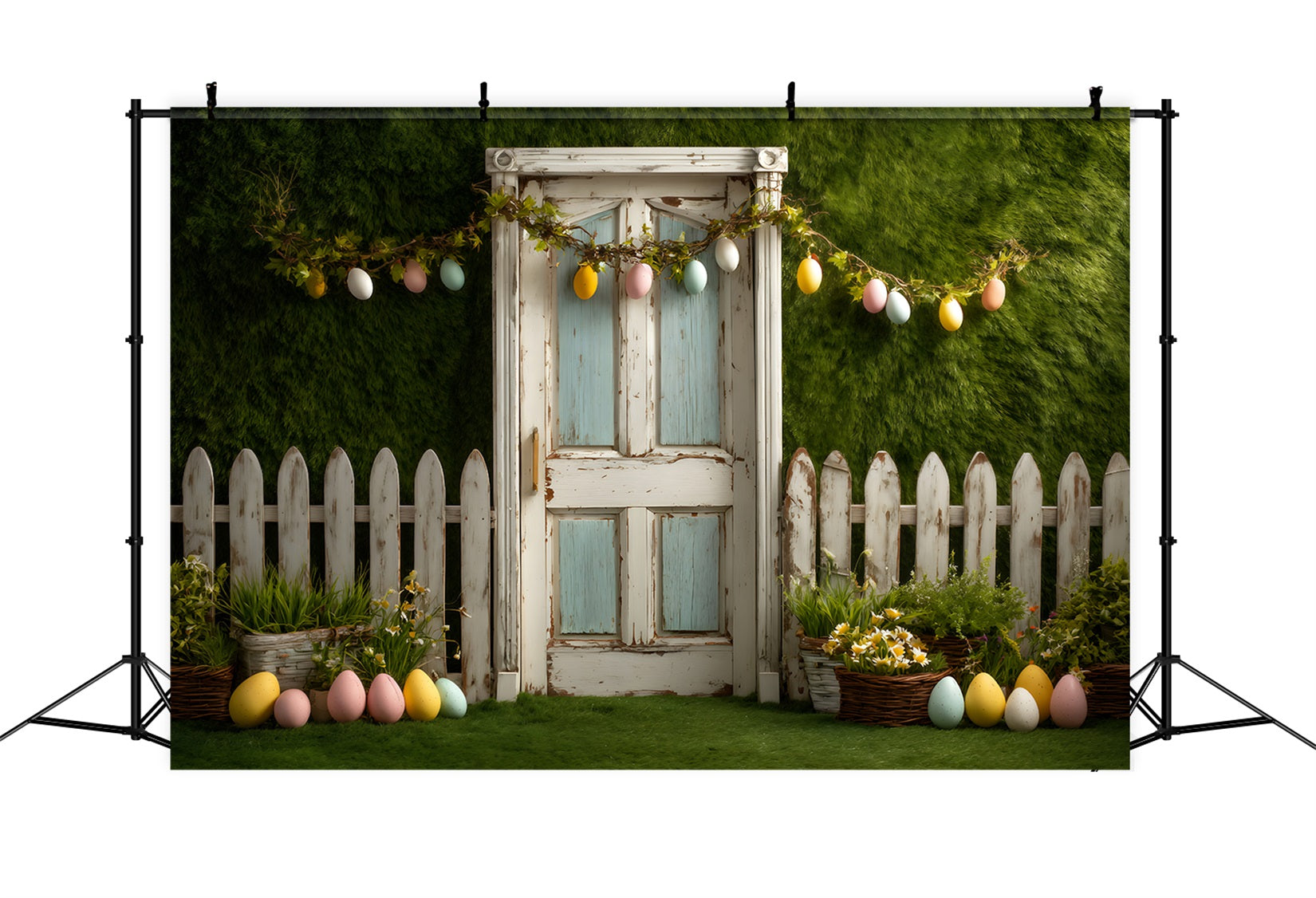 Osterei-Hintergrund Eiergirlande Zaun Tür Osterhintergrund von Magali