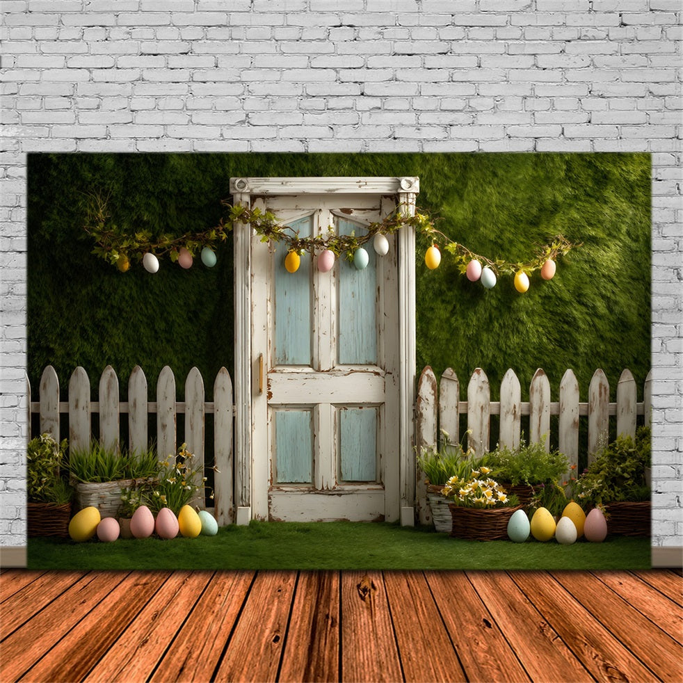 Osterei-Hintergrund Eiergirlande Zaun Tür Osterhintergrund von Magali