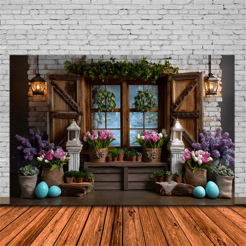 Oster-Cottage-Garten-Hintergrund Fensterkranz Tulpen-Eier Oster-Hintergründe Fotografie von Magali