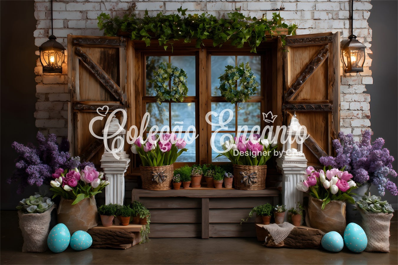 Oster-Cottage-Garten-Hintergrund Fensterkranz Tulpen-Eier Oster-Hintergründe Fotografie von Magali