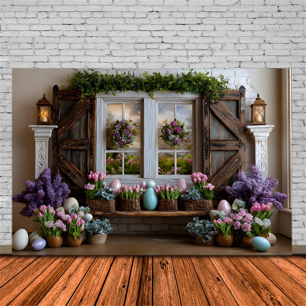 Oster-Cottage-Garten-Hintergrund Lavendel Tulpen-Eier Fenster Frohe Ostern Foto-Hintergrund von Magali