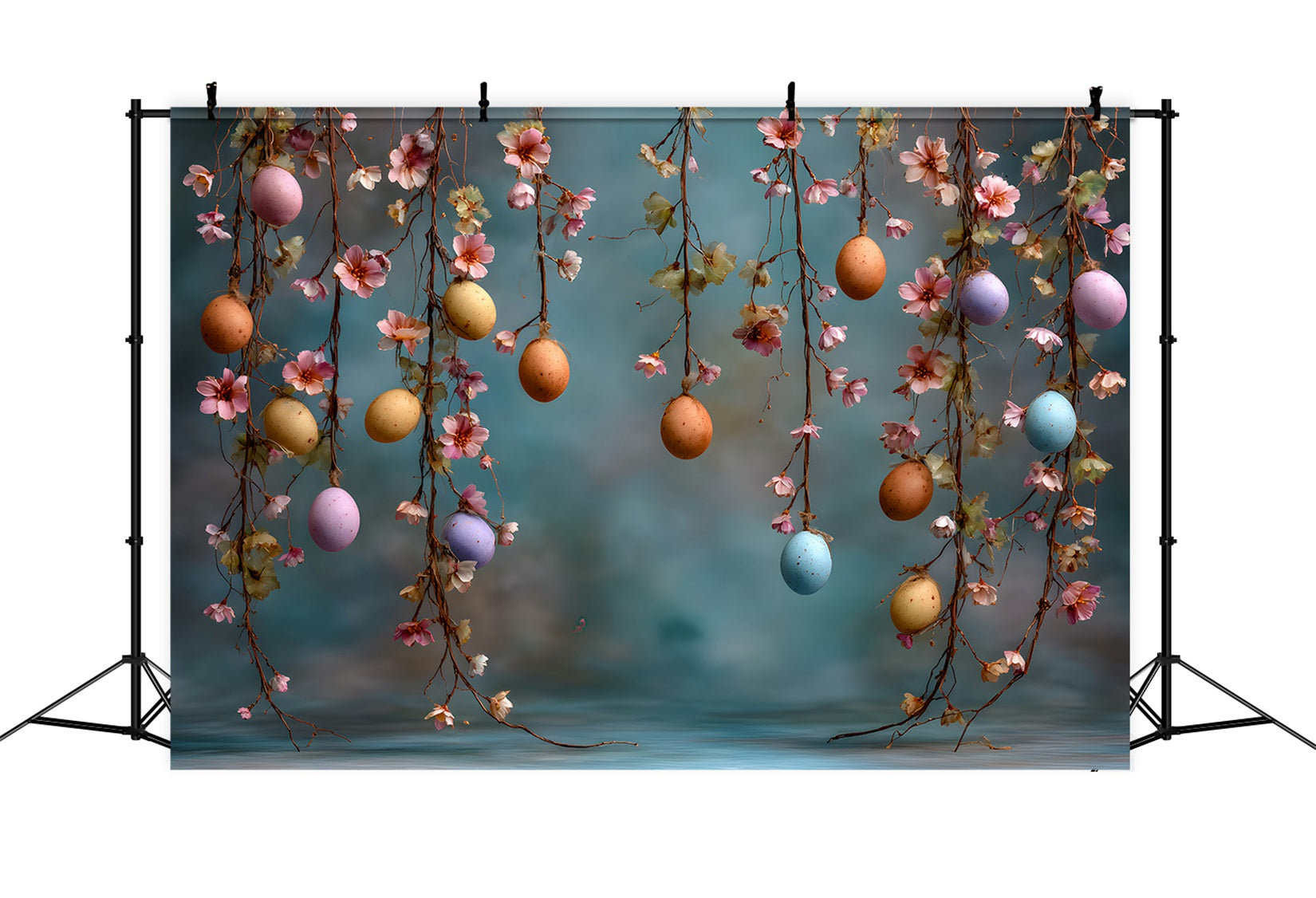 Oster-Frühlings-Hintergrund Hängende Eier Blütenranken Foto-Hintergründe für Ostern von Magali