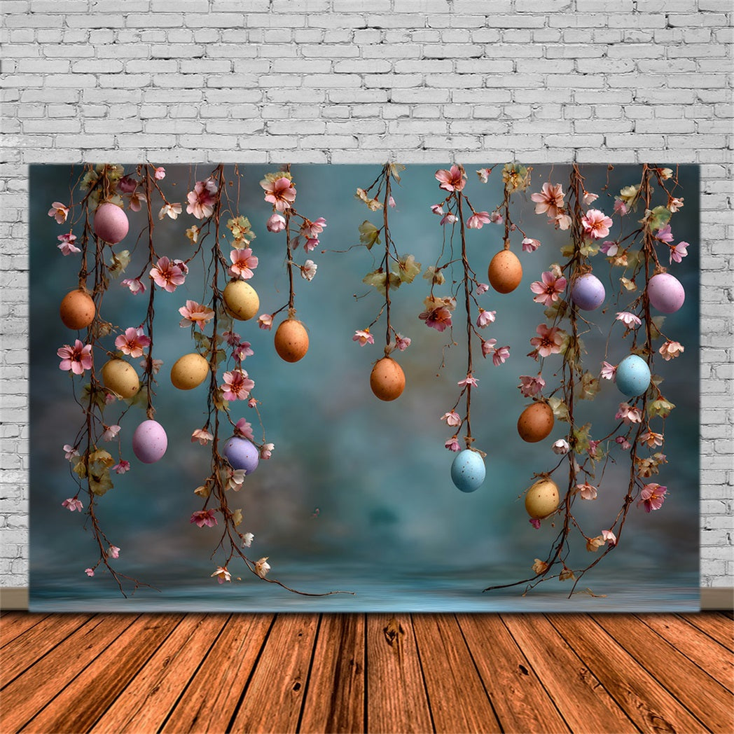 Oster-Frühlings-Hintergrund Hängende Eier Blütenranken Foto-Hintergründe für Ostern von Magali
