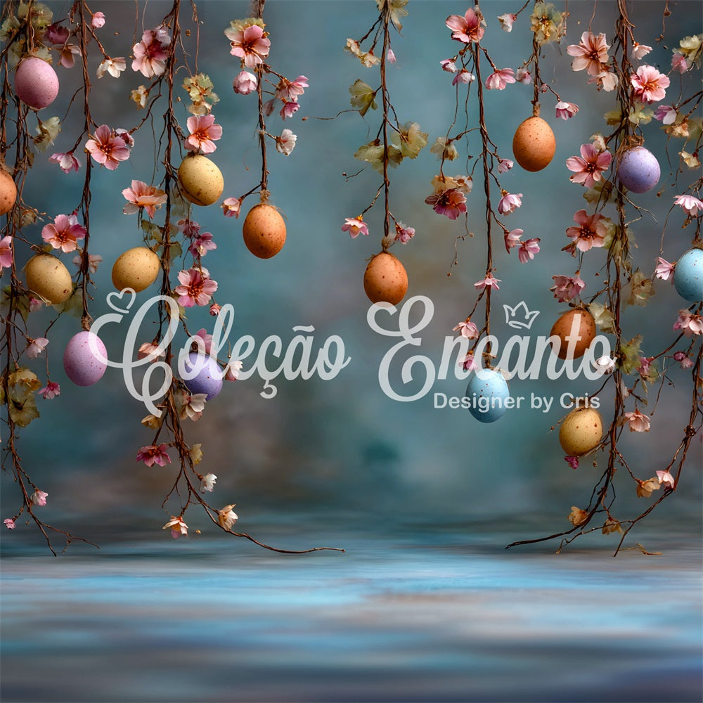 Oster-Frühlings-Hintergrund Hängende Eier Blütenranken Foto-Hintergründe für Ostern von Magali