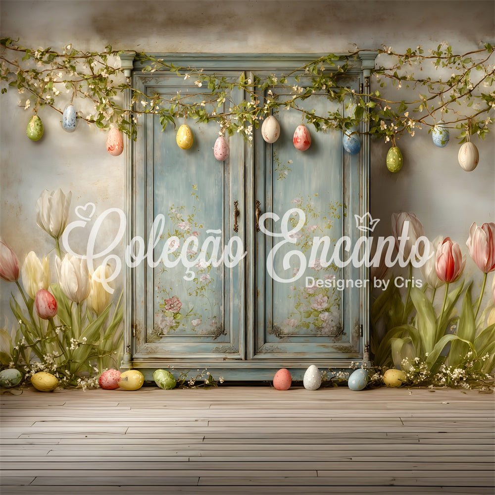 Oster-Vintage-Blumenhintergrund Blaue Tür Tulpen Eier Einfacher Osterhintergrund Von Magali