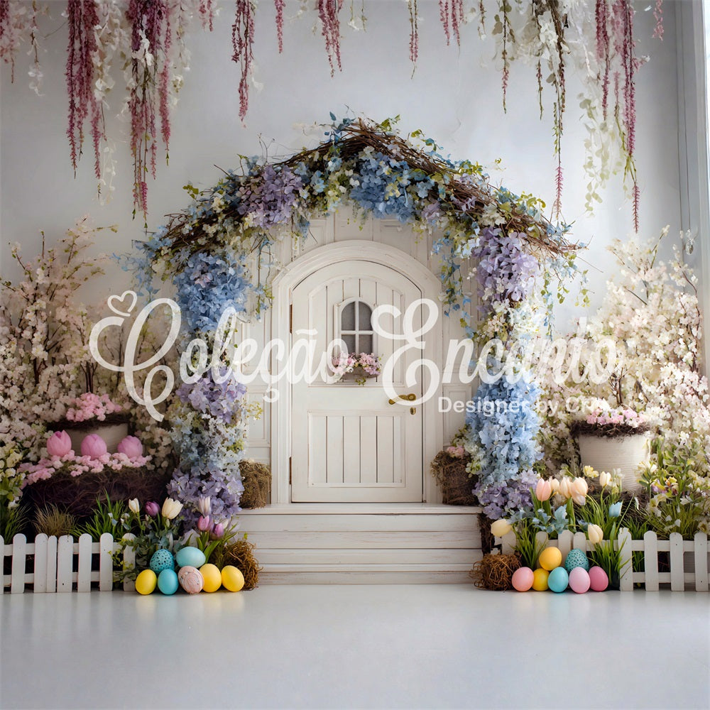 Osterkranz Türhintergrund Blauer Bogen Weiße Tür Fotohintergründe Ostern Von Magali