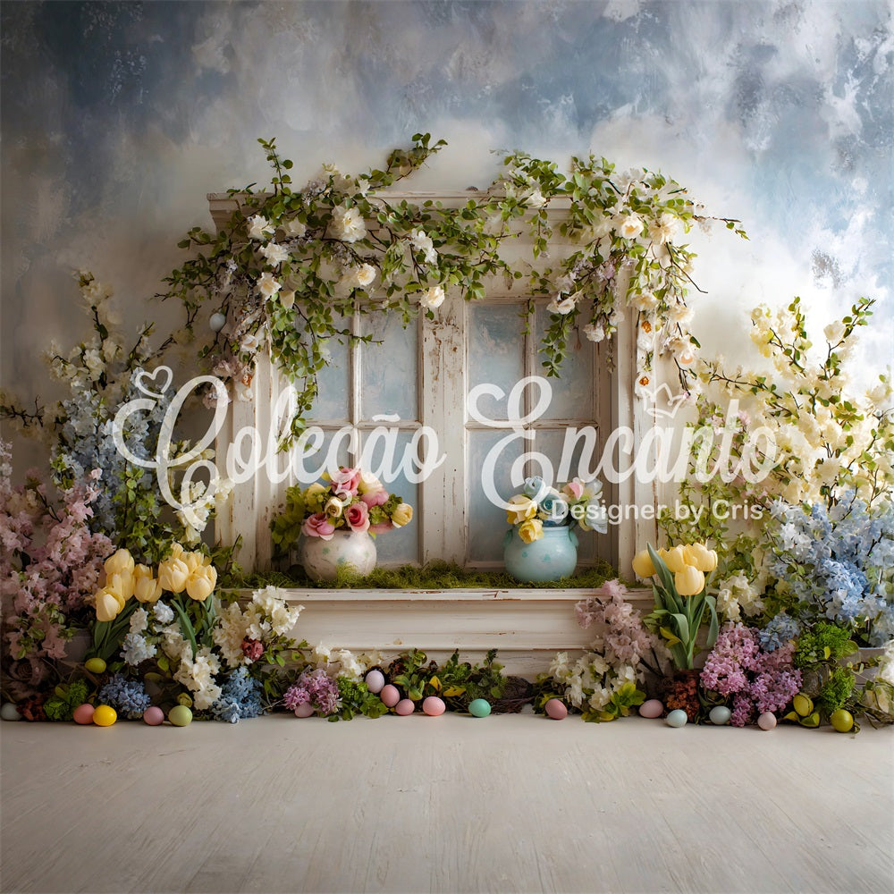 Oster-Cottage-Garten-Hintergrund Fenster Blumen Pastell Eier Fotohintergründe Ostern Von Magali