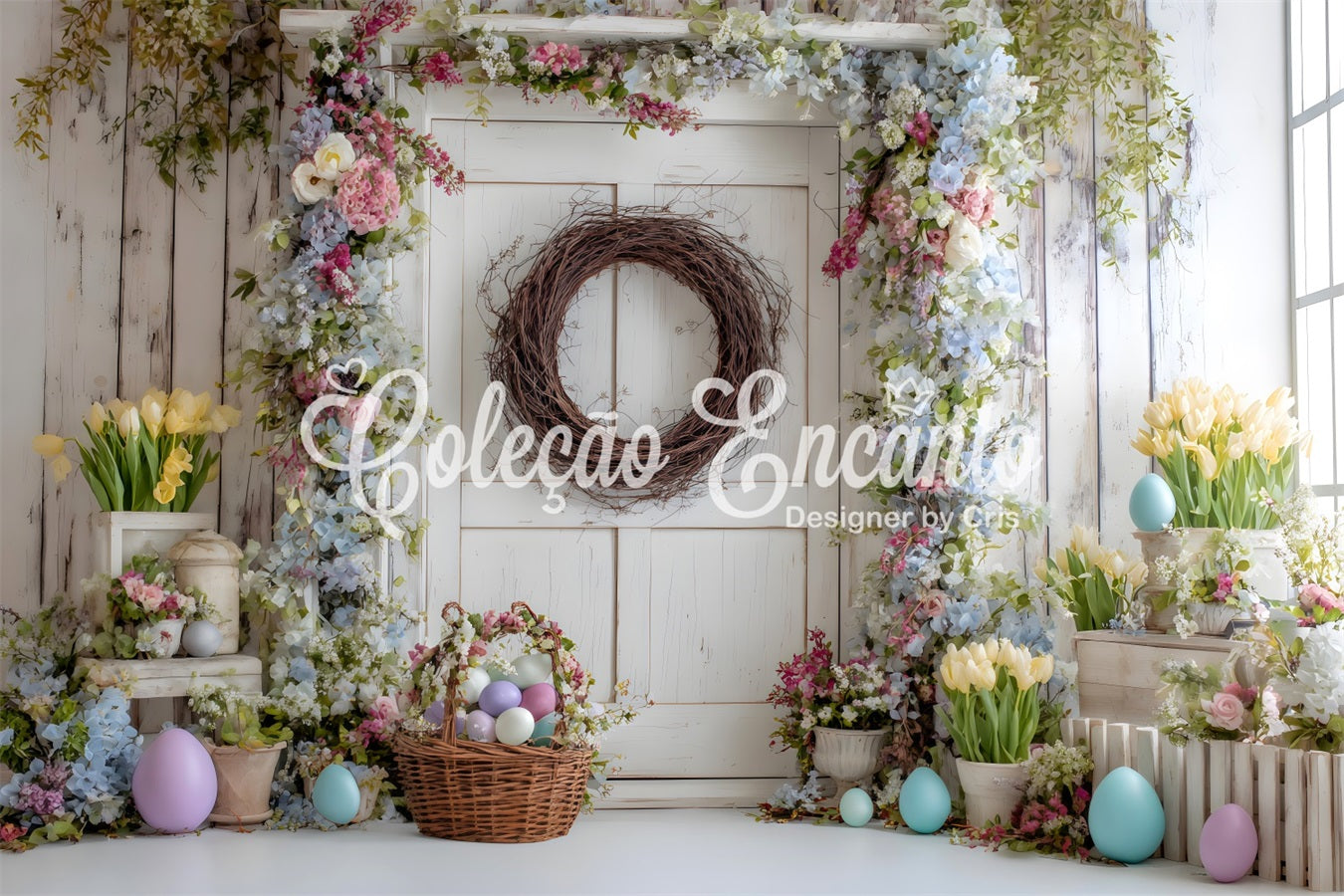 Ostern Frühling Blumenkranz Hintergrund Blumige Tür Eierkorb Frohe Ostern Hintergründe von Magali