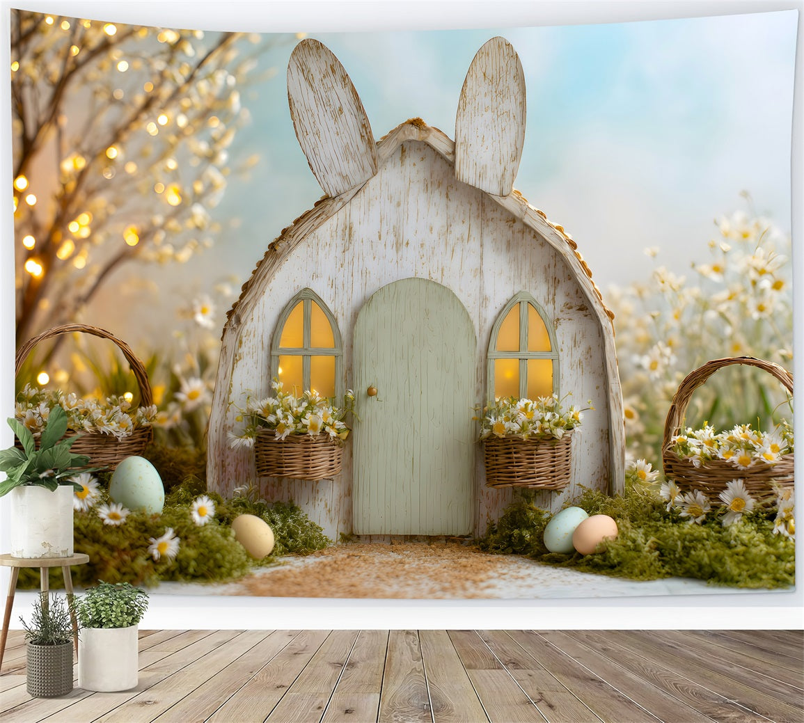 Ostern Märchen Hintergrund Hasenhaus Gänseblümchen Eier Ostern Thema Hintergrund von Magali