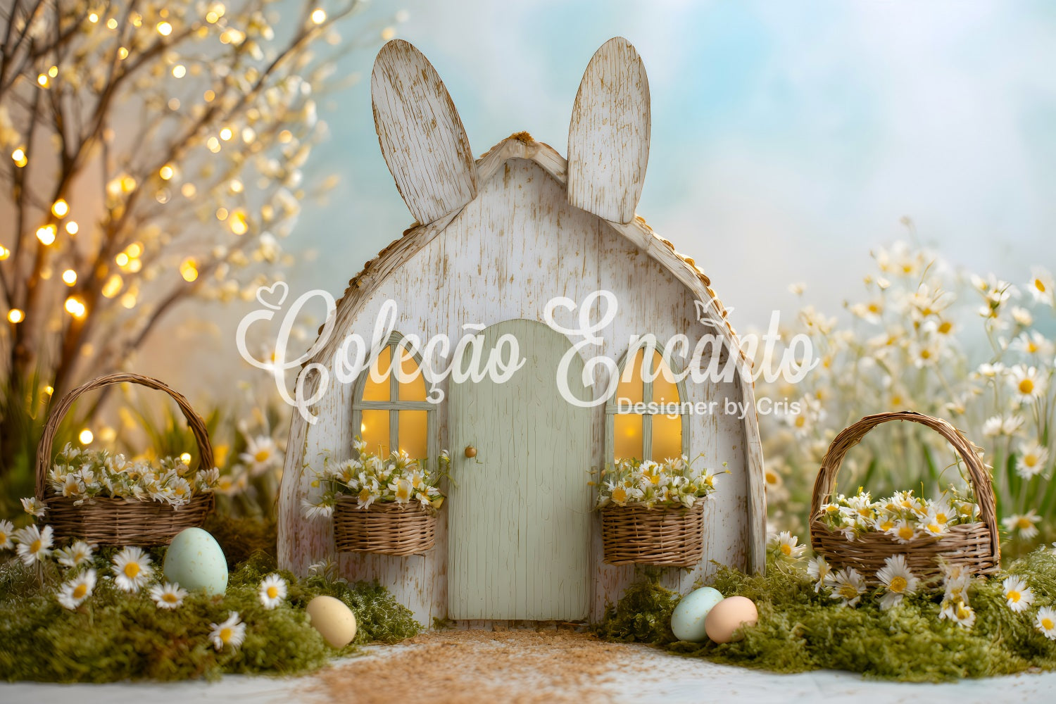 Ostern Märchen Hintergrund Hasenhaus Gänseblümchen Eier Ostern Thema Hintergrund von Magali
