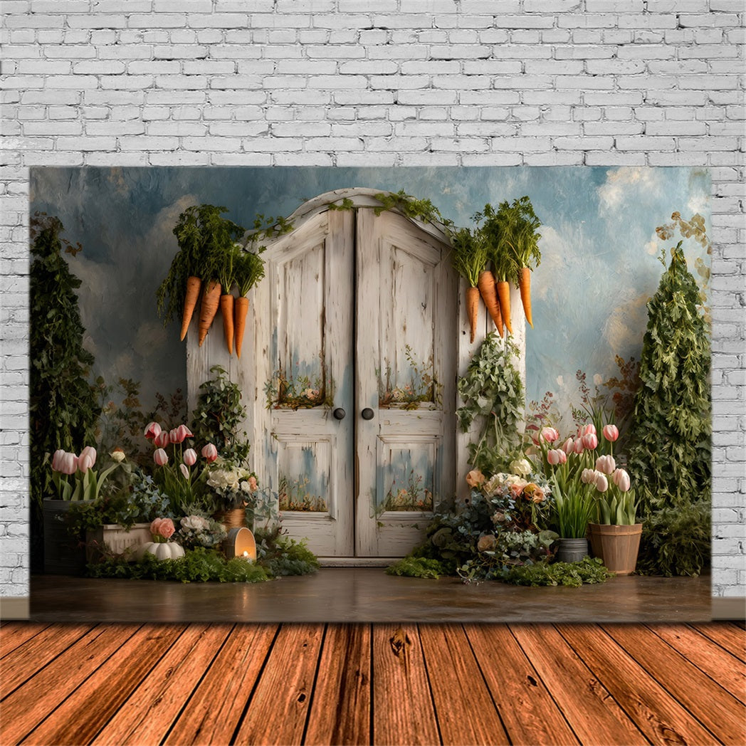 Oster-Karotten-Hintergrund Torbogen Tür Tulpenblüten Fotoshooting Oster-Hintergrund von Magali