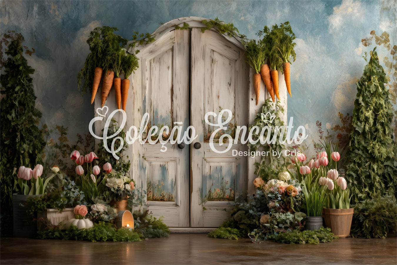 Oster-Karotten-Hintergrund Torbogen Tür Tulpenblüten Fotoshooting Oster-Hintergrund von Magali