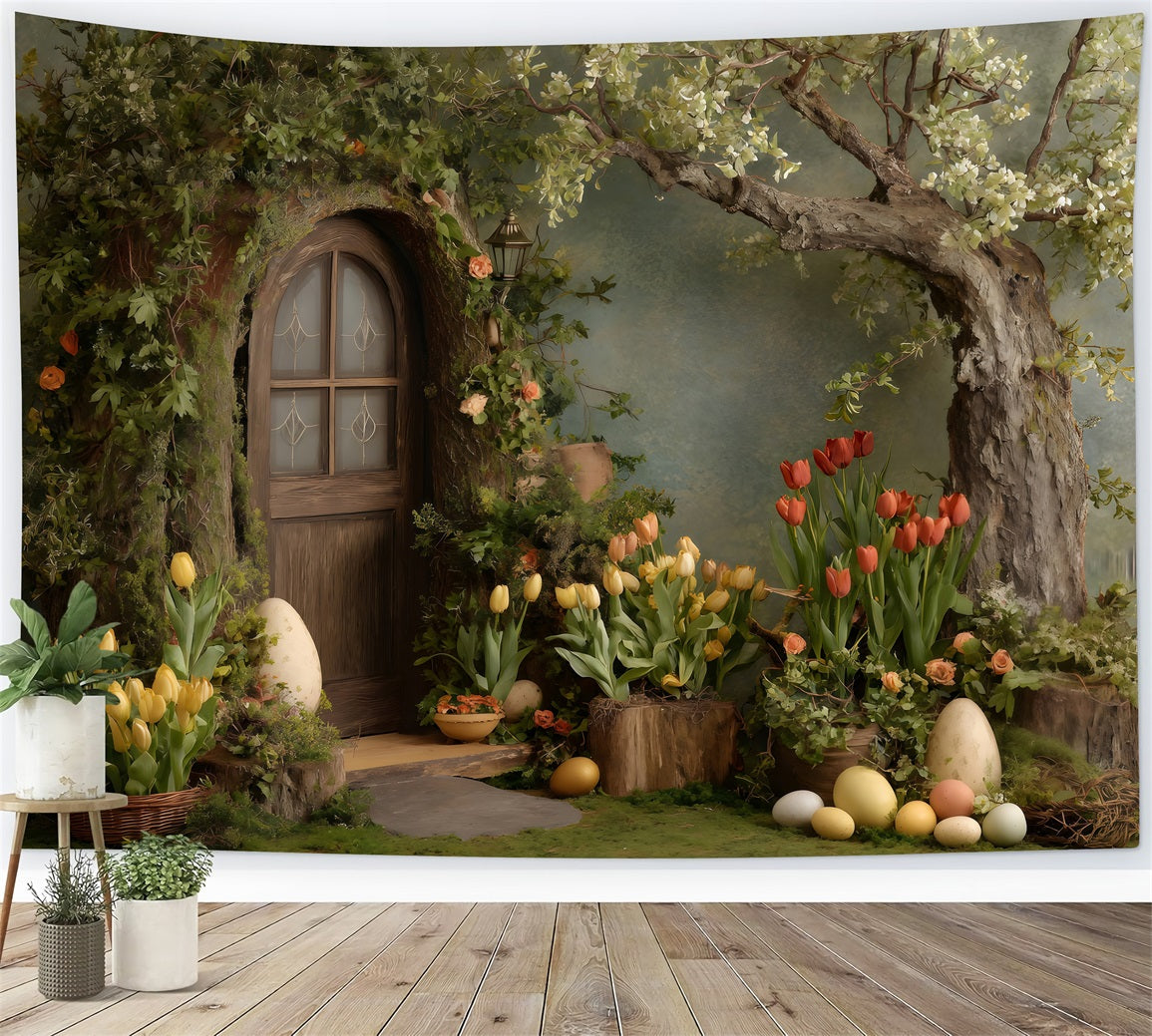 Osterkulisse im Landhausstil Efeu Tür Blüten Eier Osterkulisse Bilder von Magali