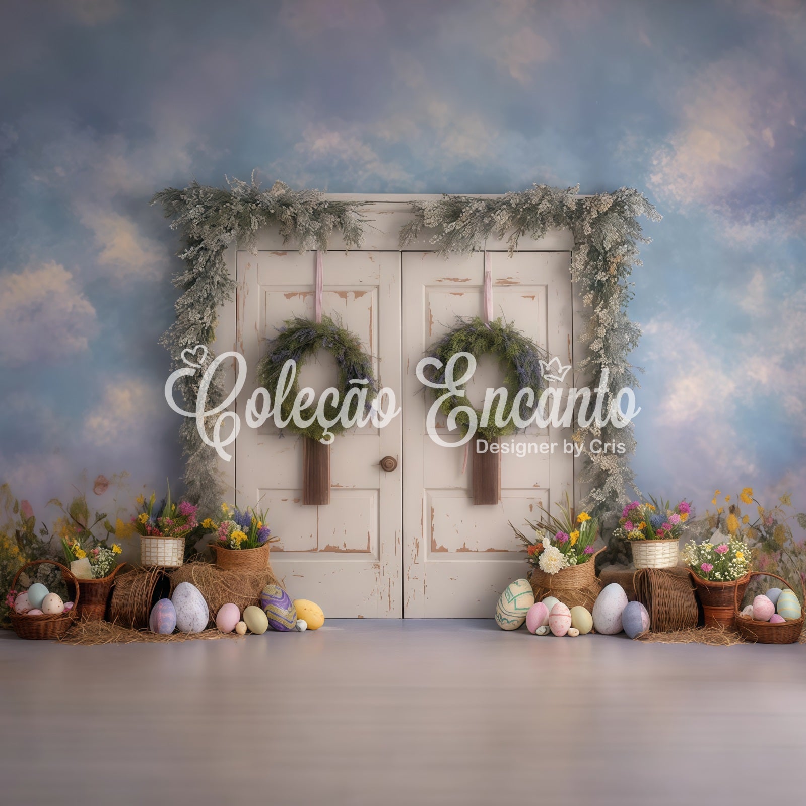 Osterkulisse im Vintage-Stil mit Blumen Landhausstil Tür Eierauslage Osterkulisse von Magali