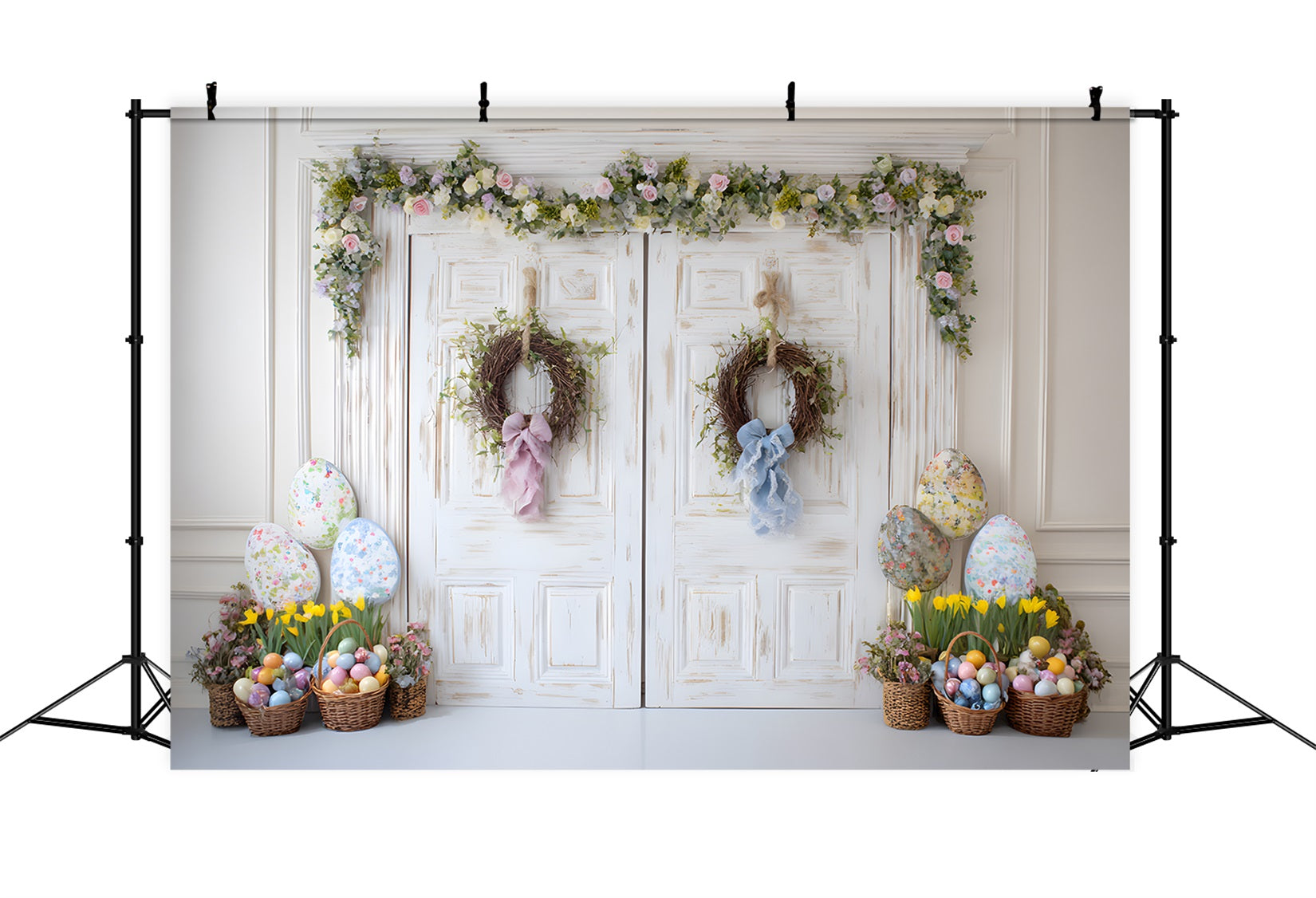 Osterkulisse „Frohe Ostern“ Shabby Chic Tür Eierkörbe Oster-Fotokulisse von Magali