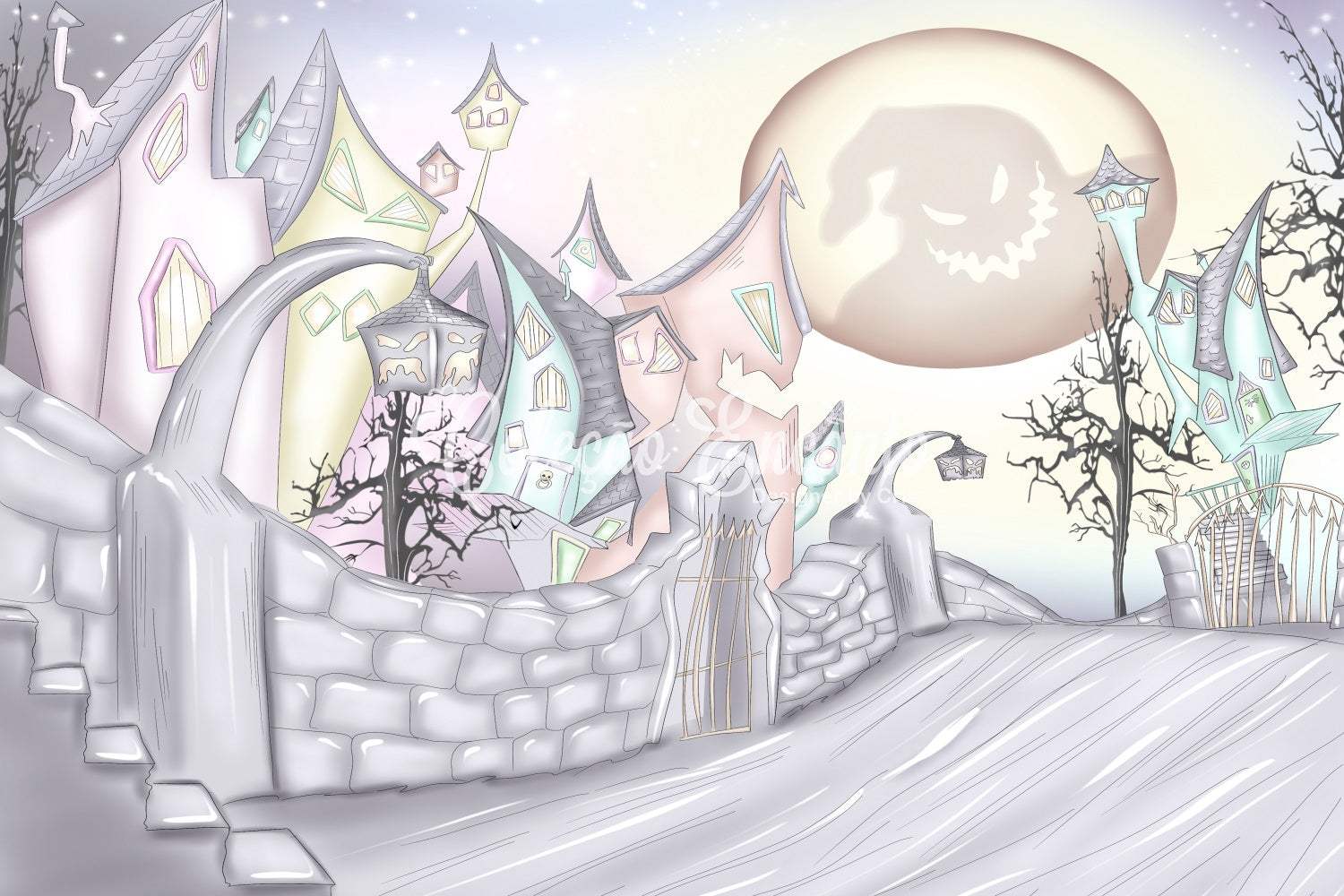 Neugeborenen-Fotografie-Hintergrund Spukdorf Krummer Mond Halloween-Hintergründe für Kinder Von Magali