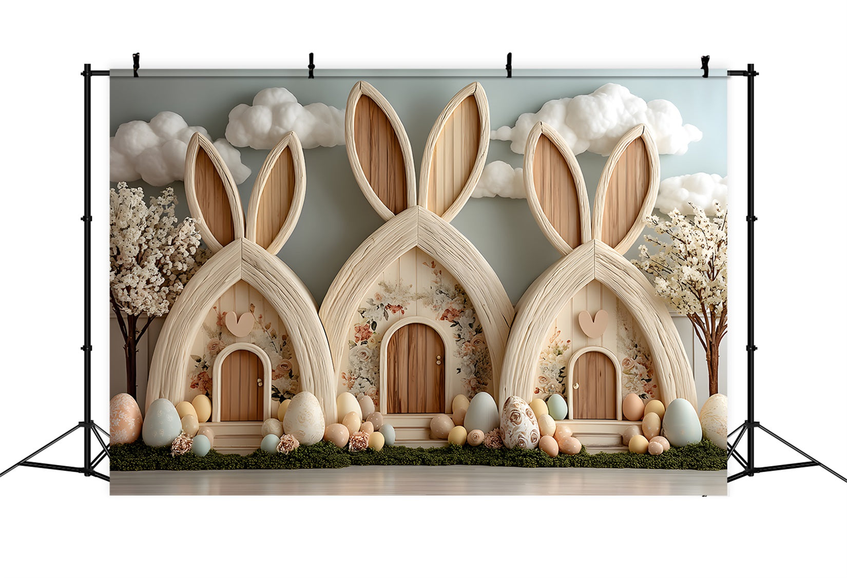 Hintergrund für Eiersuche Pastellfarbenes Häuschen im Dorf Osterhintergrund-Fotografie von Magali