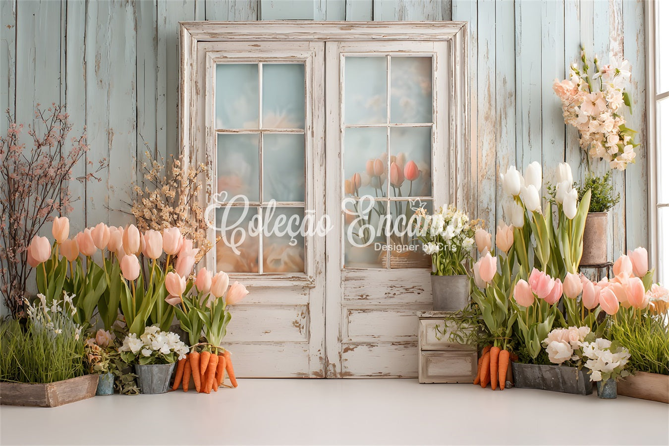 Oster-Tulpen-Hintergrund Vintage-Fenster-Garten-Charme Oster-Fotografie-Hintergründe von Magali