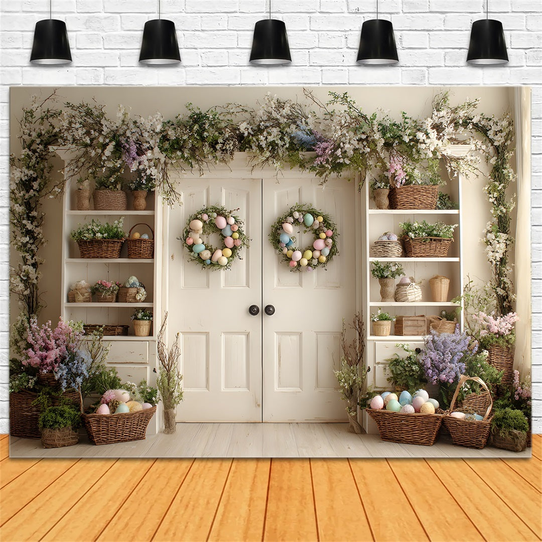 Oster-Frühlingsblumen-Kranz-Hintergrund Schrank-Eierkränze Oster-Bildhintergründe von Magali