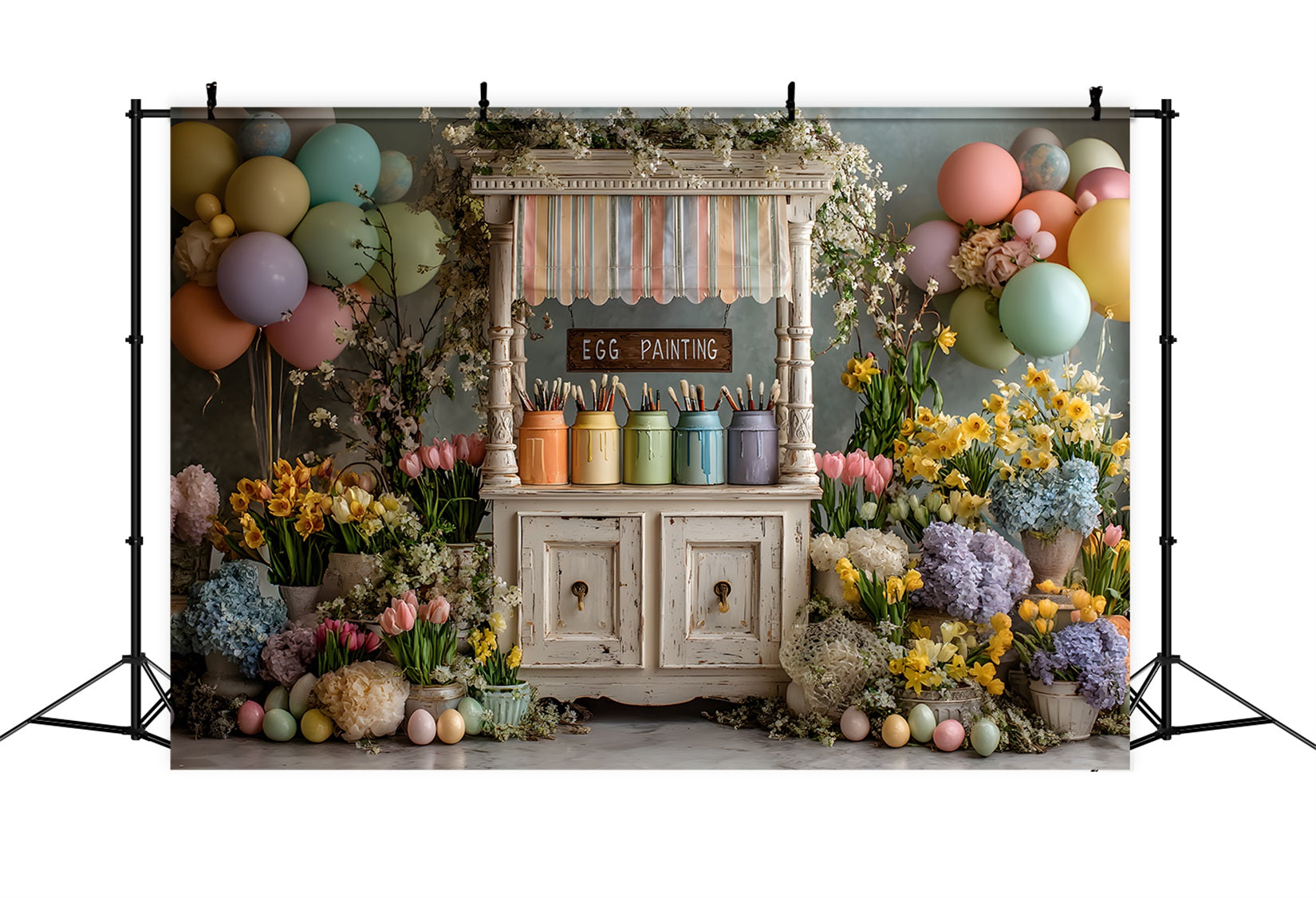 Oster-Narzissen-Hintergrund Pastell-Ballon-Eier-Malständer Oster-Foto-Hintergrund-Ideen von Magali