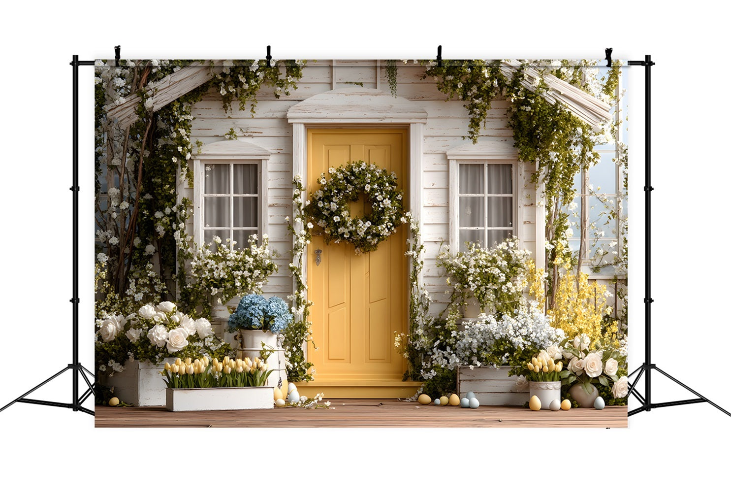 Oster-Cottage-Garten-Hintergrund Blumenblüte Veranda Oster-Hintergrund für Bilder von Magali