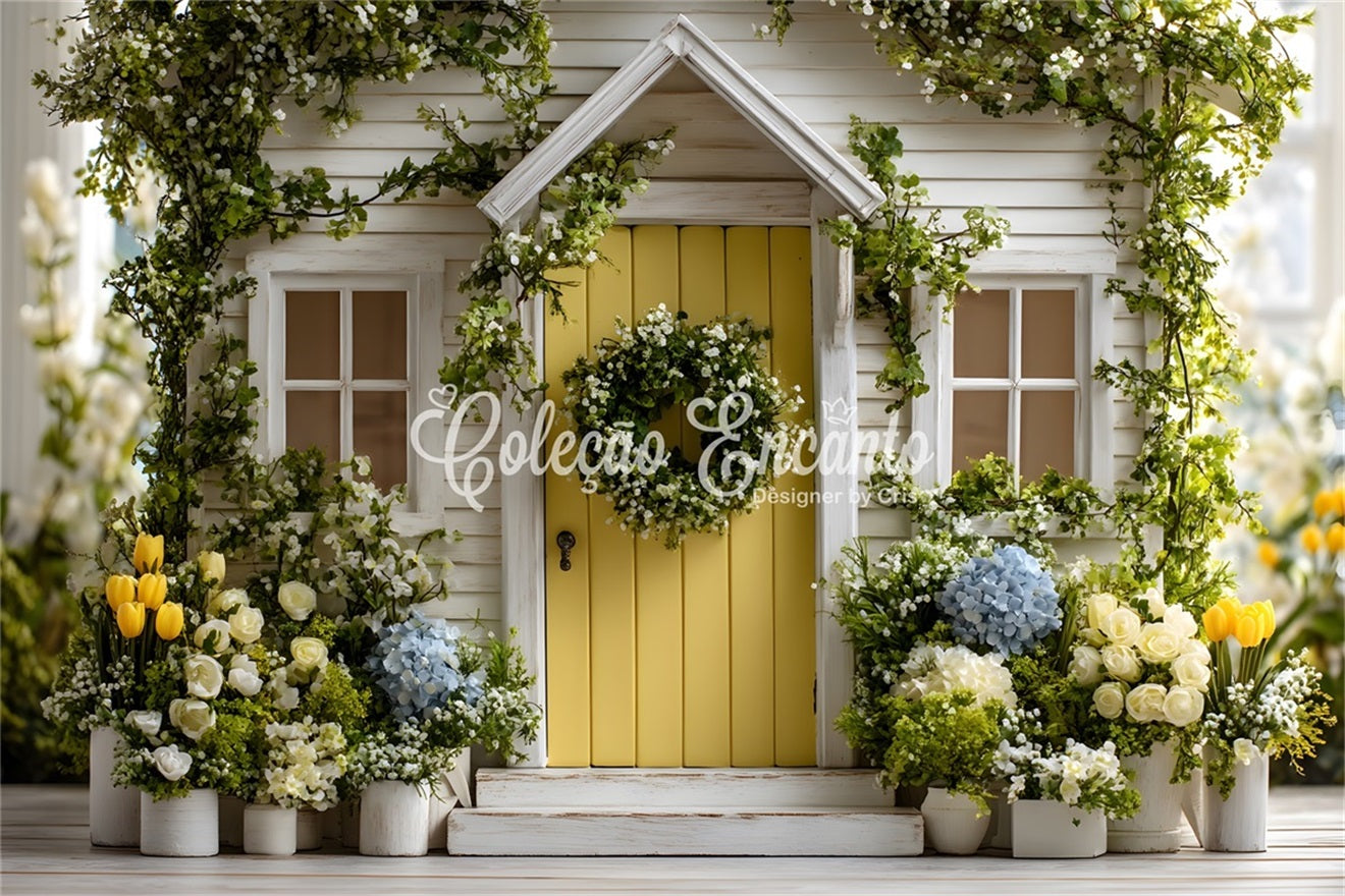 Oster-Frühlings-Hintergrund Charmante gelbe Tür Gartenblüte Frohe Ostern-Hintergrund von Magali