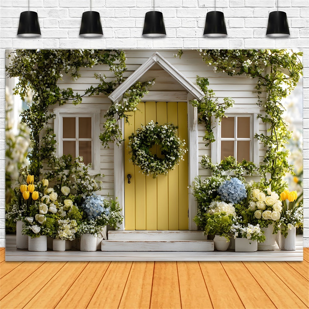 Oster-Frühlings-Hintergrund Charmante gelbe Tür Gartenblüte Frohe Ostern-Hintergrund von Magali