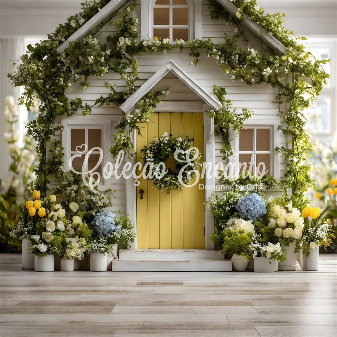 Oster-Frühlings-Hintergrund Charmante gelbe Tür Gartenblüte Frohe Ostern-Hintergrund von Magali