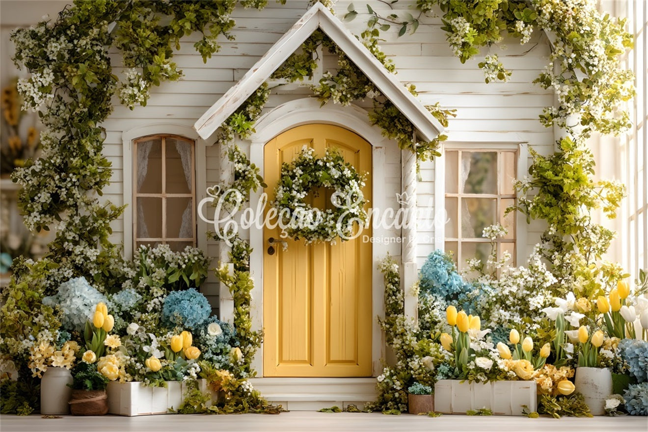 Oster-Europäischer Garten-Hintergrund Sonnige Cottage-Tür Hortensienblüte Oster-Hintergrund von Magali