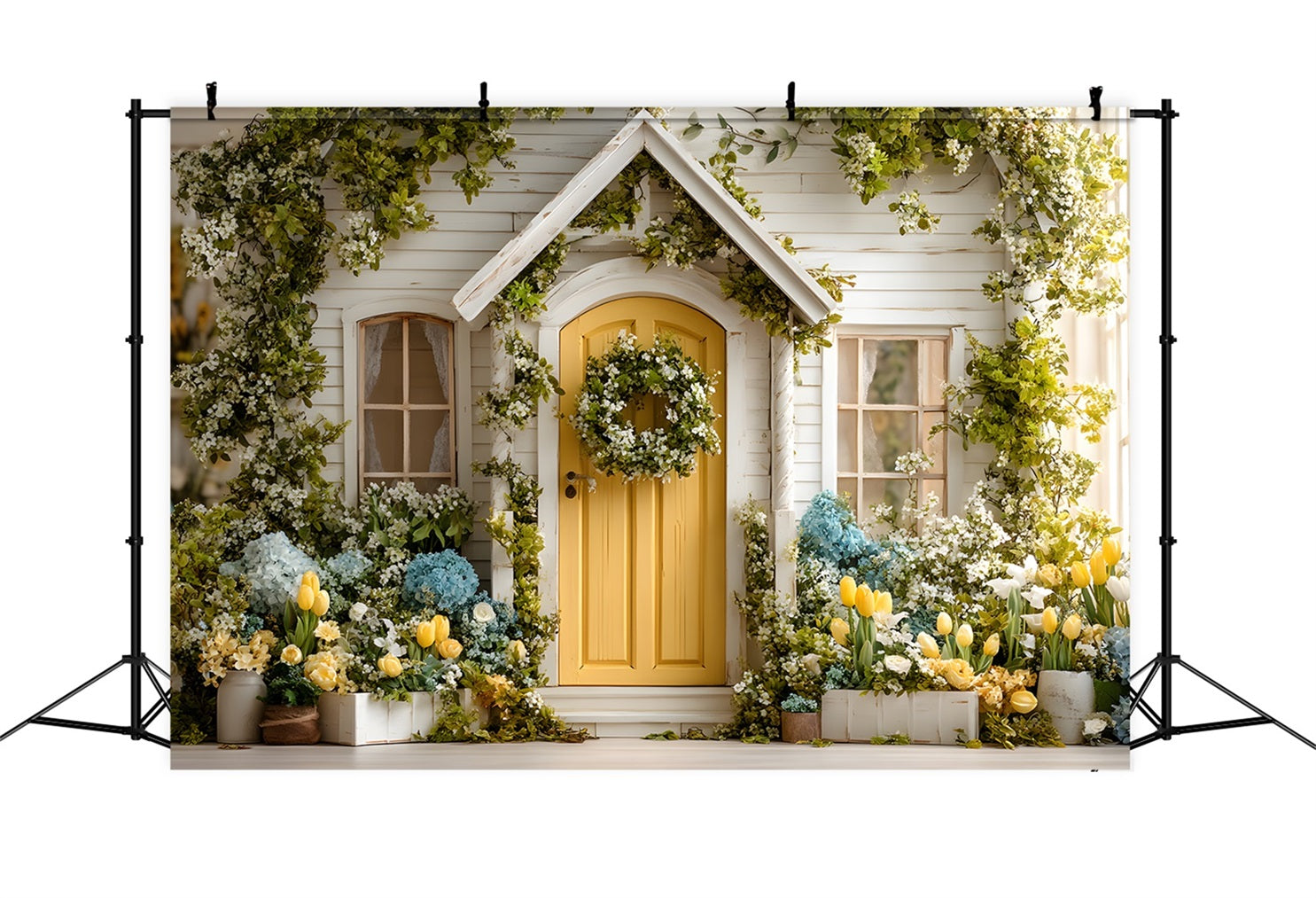 Oster-Europäischer Garten-Hintergrund Sonnige Cottage-Tür Hortensienblüte Oster-Hintergrund von Magali