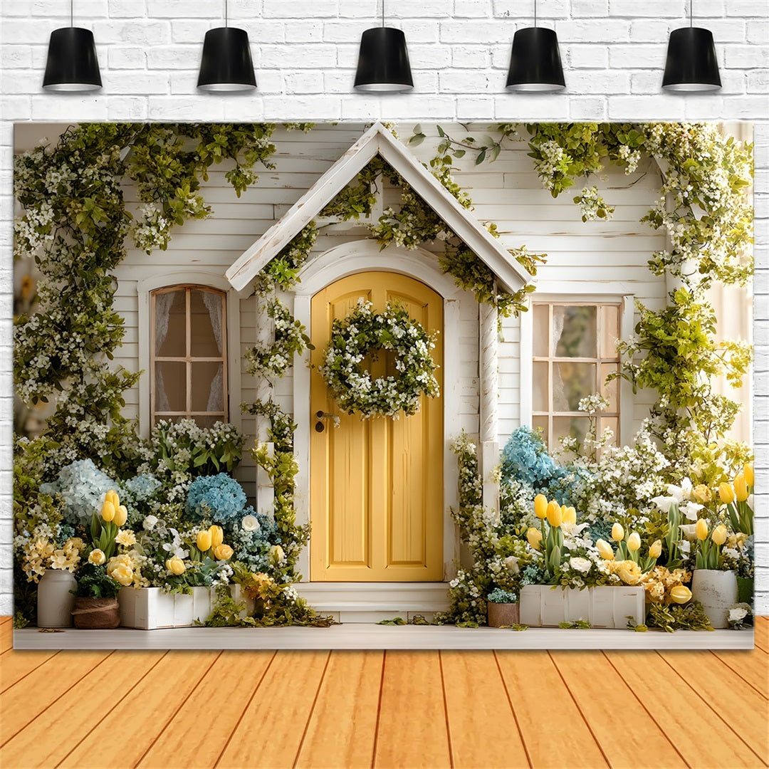 Oster-Europäischer Garten-Hintergrund Sonnige Cottage-Tür Hortensienblüte Oster-Hintergrund von Magali